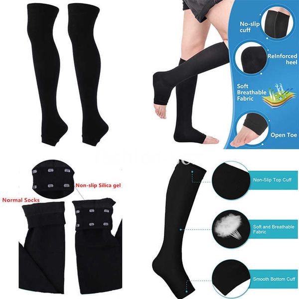 

5pc socks hosiery compression stockings open toe graduated calf shaping women long pressure stockings nonslip sile knee high stockings z0221, Black;white