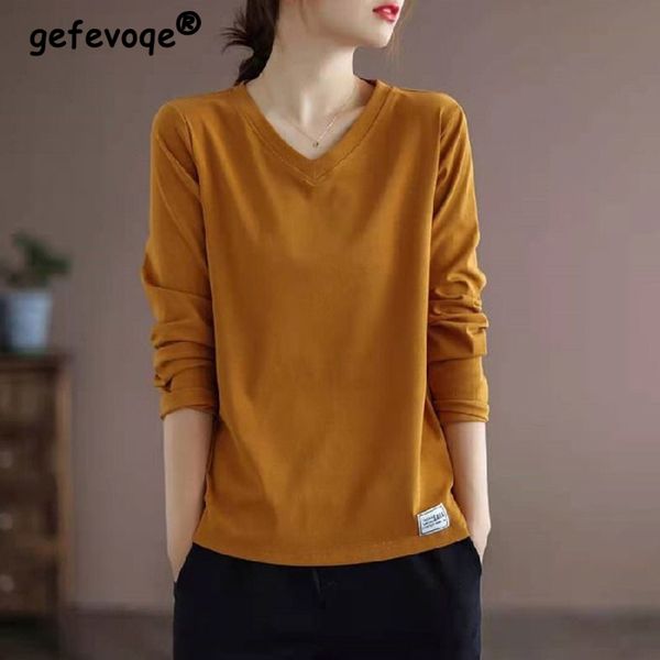 

women's knits tees autumn solid loose casual long sleeve t-shirts vintage women v neck aesthetic chic pullovers all match female cloth, White
