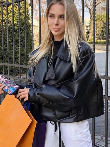 

women's leather faux leather fmfssom autumn women faux leather jacket pu motorcycle biker red coat turndown collar loose streetwear bla, Black