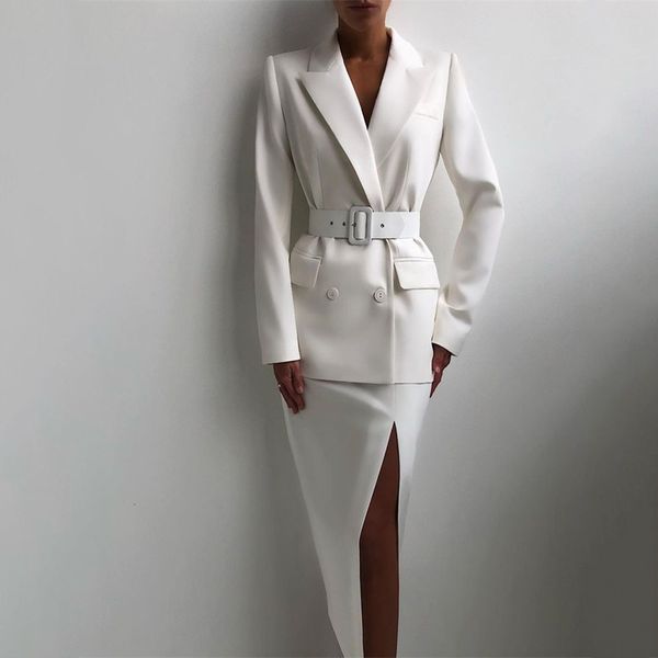 

two piece dress somple suits office sets skirt business suit custom made blazer with belt elegant 2 pcs jacket formal party prom 230222, White