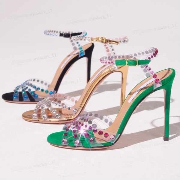

luxury summer brand women tequila sandals shoes aquazzuras high heels lady pumps crystal-embellished dress bridal wedding gladiator sandalia, Black