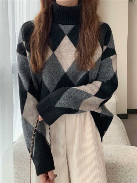 

fashion 2022 women sweater autumn and winter new women's retro plaid turtleneck knitted pullover loose keep warm 230222, White;black