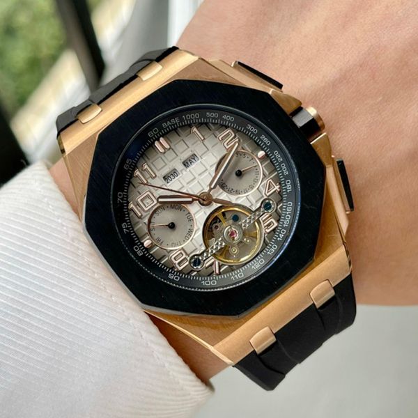 

tourbillon mans watch automatic mechanical movement watches 42mm fashion business rubber wristwatch montre de luxe, Slivery;brown