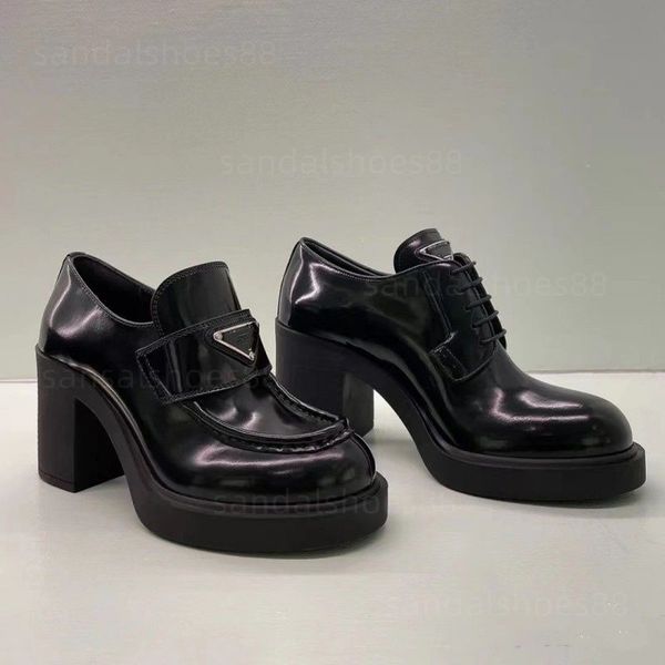 

with box prad designer heels loafer shoes womens monolith brushed leather lace up shoes high heeled women designers slip on platform loaf bp, Black