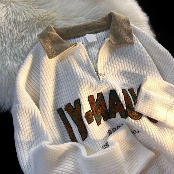 

men s sweaters american campus style half zipper polo collar sweater womens autumn winter harajuku soft waxy loose lazy pullover 230221, White;black