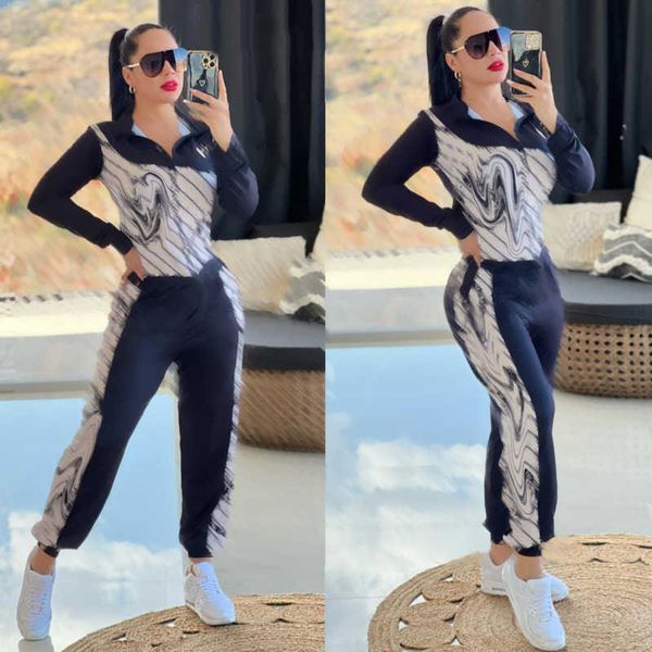 

q6079 fashion sportwear jogging suit women's long sleeve trousers suit zipper casual luxury printing two-piece set, White