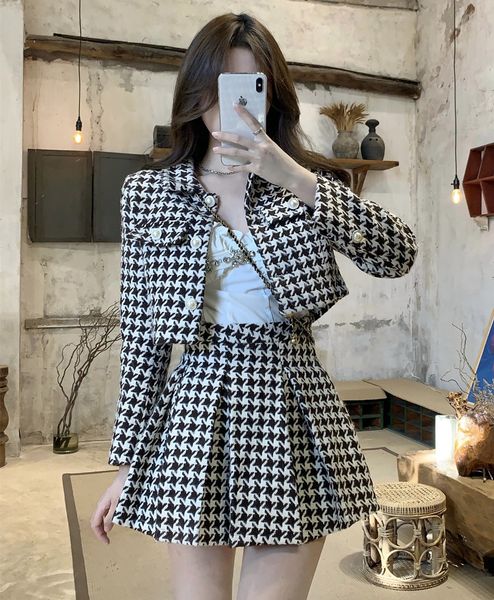 

two piece dress temperament matching sets retro o tweed plaid jacket short long sleeve cardigan slim mini houndstooth pleated skirt chic 230, White