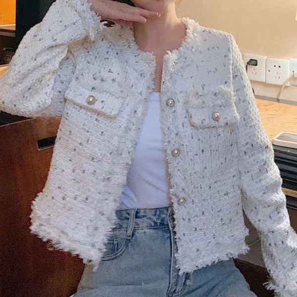 

womens jackets hma autumn women singlebreasted tweed woolen coat round neck long sleeve tassel jacket design 230222, Black;brown