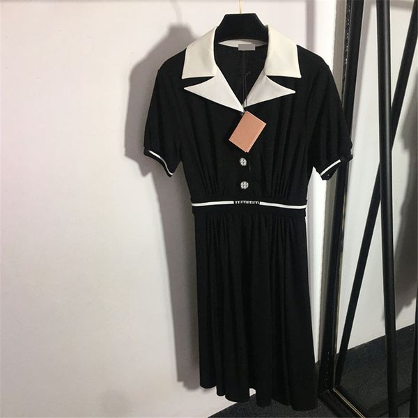 

women casual dress diamond button lapel dresses waist short sleeve dress, Black