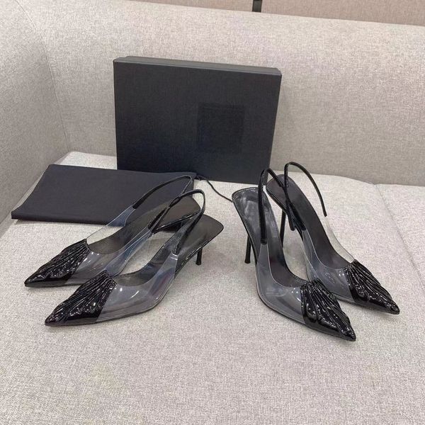 

sandals leather designer sole pvc heels stiletto decoration banquet transparent patent leather tip women wedding dress shoes slippers, Black