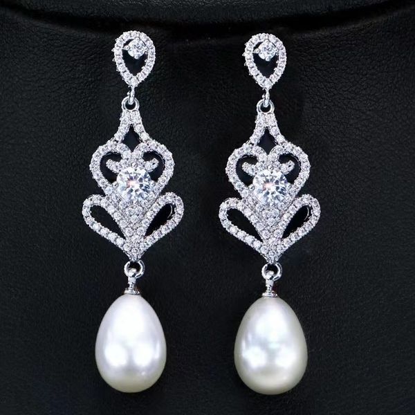 

vintage pearl diamond dangle earring 925 sterling silver wedding drop earrings for women bridal promise engagement party jewelry, Golden;silver
