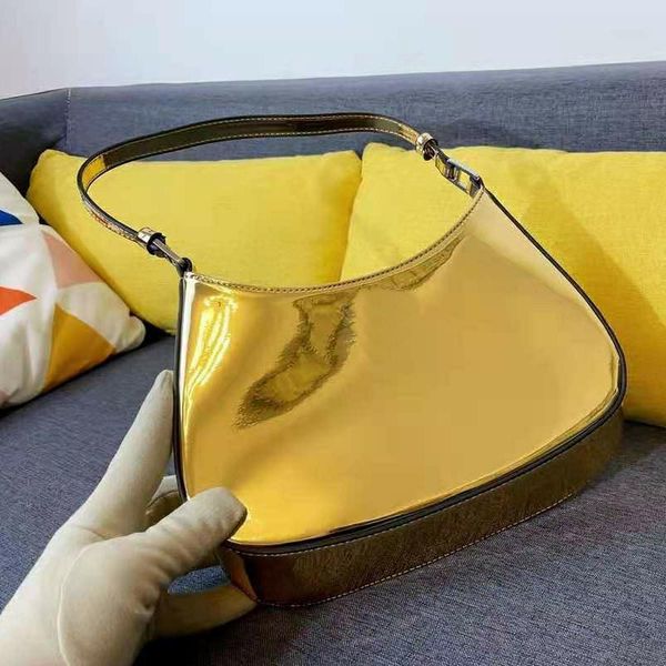

shiny mirror leather cleo shoulder bags enameled triangle metal badge women underarm bag magnetic buckle adjustable strap lady handbags luxu