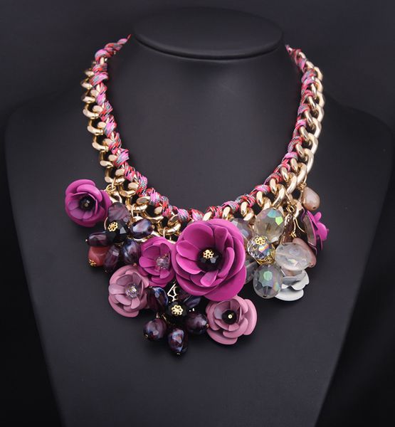 

colorful stone chunky flower choker collar fashion weave rope statement necklace mix color factory price, Golden;silver