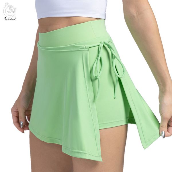 

women's shorts yushuhua fake 2 pieces run casual ladies side slit straps tennis culottes lncluded short leggings women gym yoga skirt 2, White;black