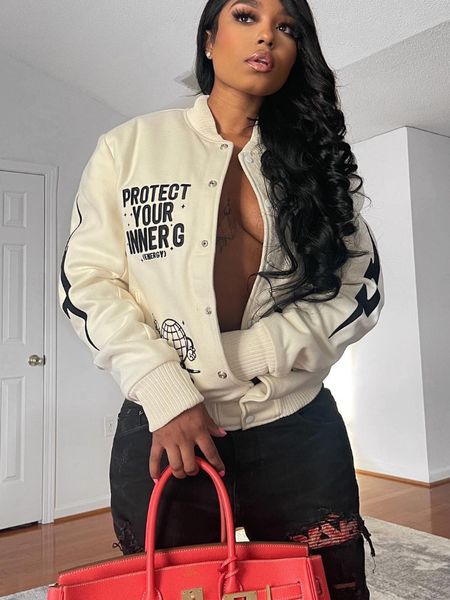 

women's jackets letter printed women baseball coat button up fitness windbreaker autumn workout activewear high street harajuku jacket, Black;brown