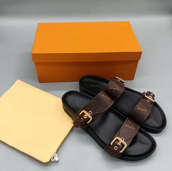 

Sandals Women Slides womens slipper waterfront brown flower leather sandal high heels flap 2 Straps with Adjusted Gold Buckles BOM DIA FLAT MULE 1A3R5M Summer shoe, Blue