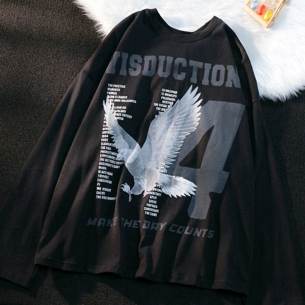 

men s t shirts streetwear sweatshirt eagle print round neck long sleeved t shirt men women fashion trend gothic loose oversized couple 2302, White;black