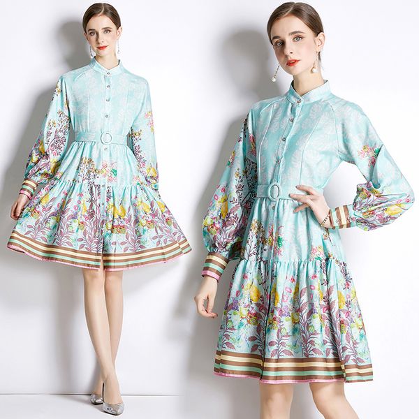 

2023 fashion vintage floral dresses long sleeve women designer birthday dinner mini dress with belt spring autumn ladies mock neck elegant s, Black;gray