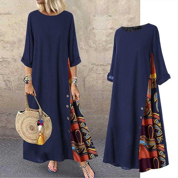 

casual dresses women vintage maxi dress summer solid o neck stitching printed 3/4 sleeve side buttons dresses loose casual long dress plus s, Black;gray