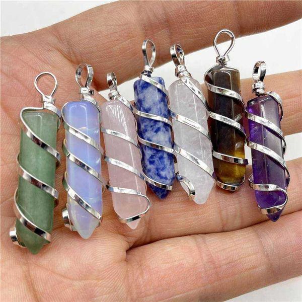 

wholesale bulk natural crystal handmade wrapped healing hexagonal pendant for women, Silver