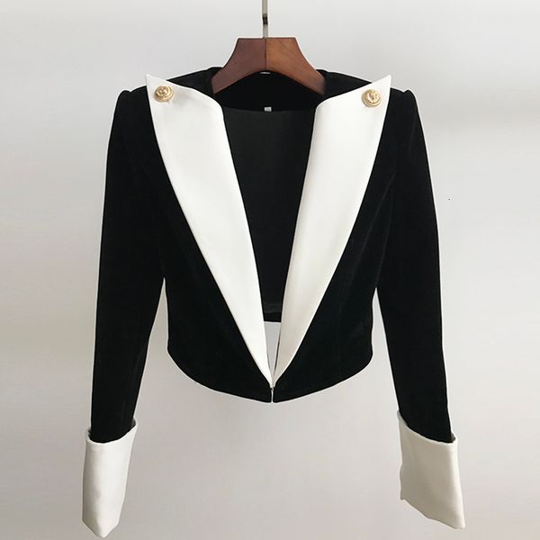 

womens jackets high street est stylish designer jacket lion buttons color block patchwork velvet short blazer 230222, Black;brown
