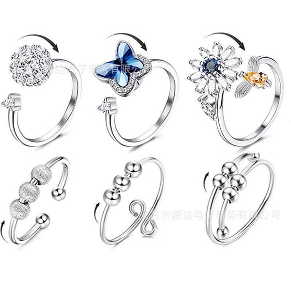 

creative 6-piece men's and women's rotating ring adjustable zirconia flower little bee women's ring straight, Silver