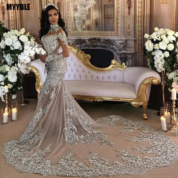 

party dresses vintage silver lace mermaid muslim wedding with long sleeves high neck saudi arabia bridal gowns dubai african bride 230222, White;black