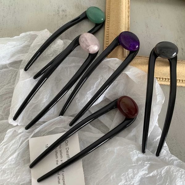 

hair clips barrettes new arrived 114cm simple retro hair sticks temperament disc hairpin u shaped marbling stones hairpins for elegant girls, Golden;silver
