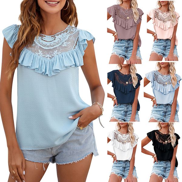 

women ruffle t shirts lace solid color lady tees, White
