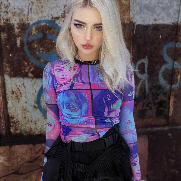 

american hip hop shirt y2k women long sleeve tshirt designer fashion pullover round neck cartoon pattern slim tee streetwear, White