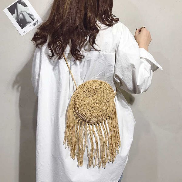 

totes cotton hand-knitted cross-body straw bag round tassel beach handbag0222v23
