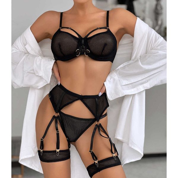 

lace suit comfort bra ins selling funny underwear mesh slim fit perspective versatile fashion four piece set women, Black;white