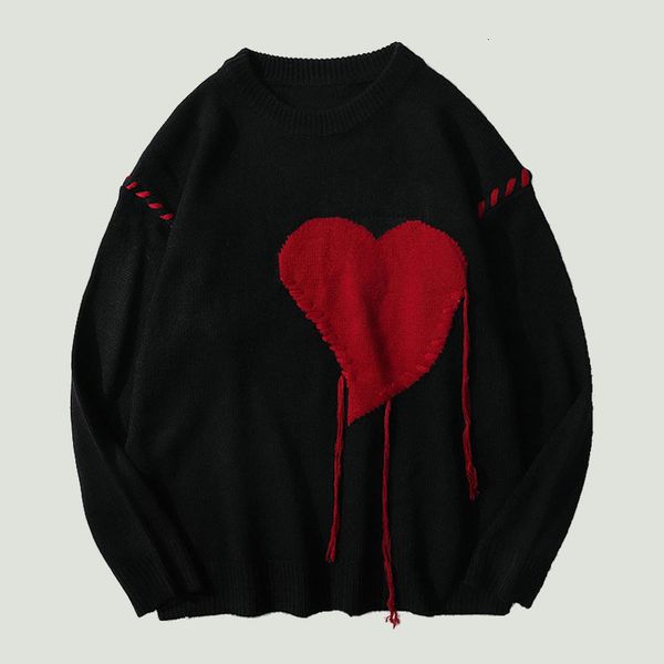 

men's sweaters harajuku heart-shape pattern tassel knitted ugly sweaters men hip hop vintage casual loose o-neck college style pullover, White;black