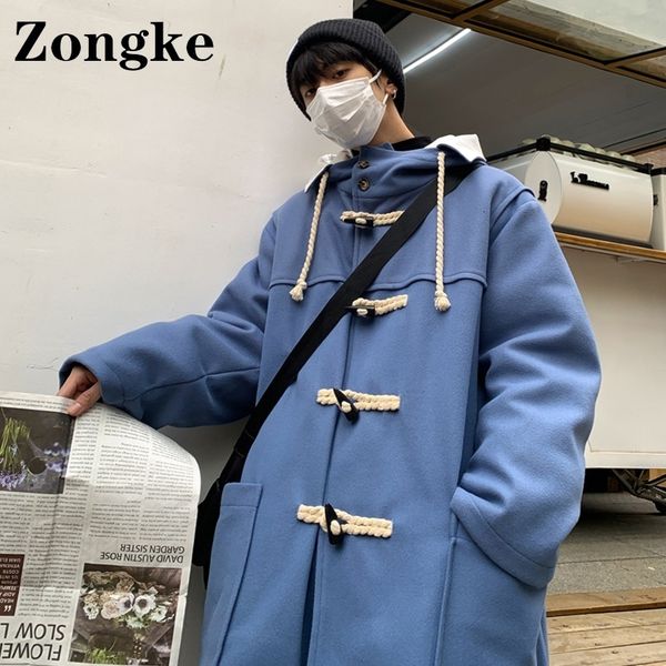 

men's wool blends zongke horn button hooded long winter jacket clothing jackets for s trench coat m2xl spring 230222, Black