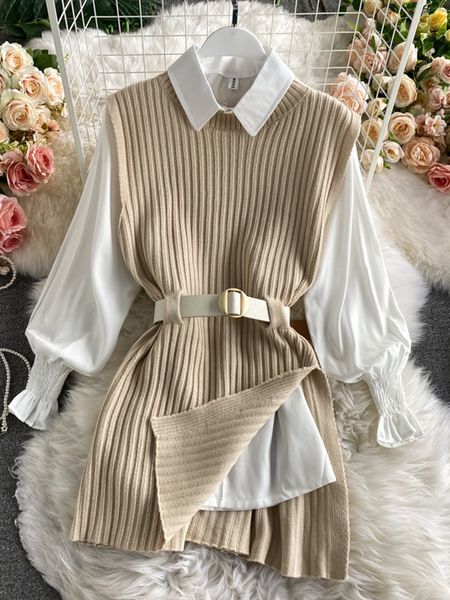 

womens two piece pants spring autumn lantern sleeve shirt knitted vest sets of college style waistband uk900 230222, White