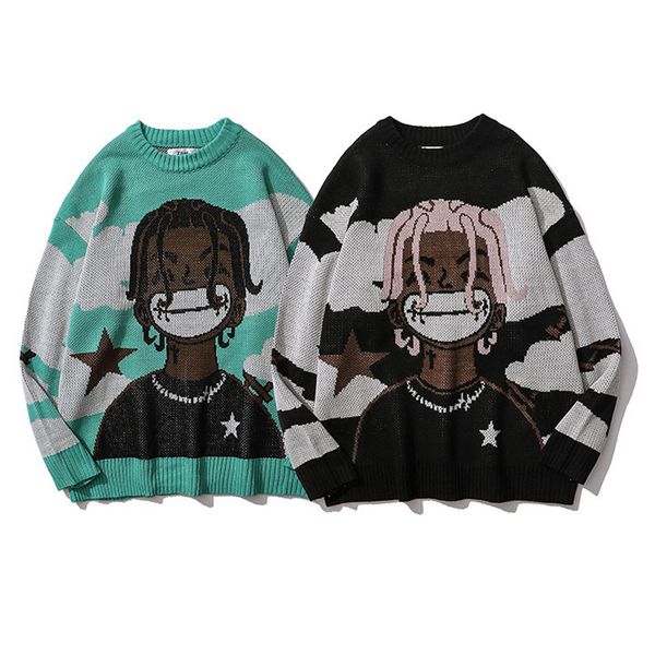 

harajuku vintage cartoon anime knitted sweater men women winter oversized rock hip hop rap pullover jumper sweater, White;black