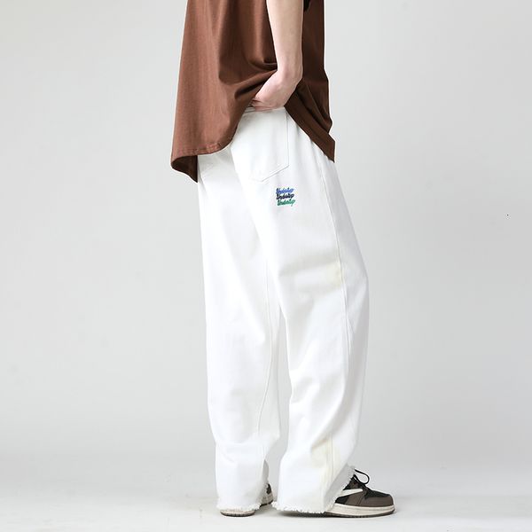 

men's jeans men white embroidery straight neutral loose denim trouser streetwear casual patchwork jean pants summer autumn 230222, Blue
