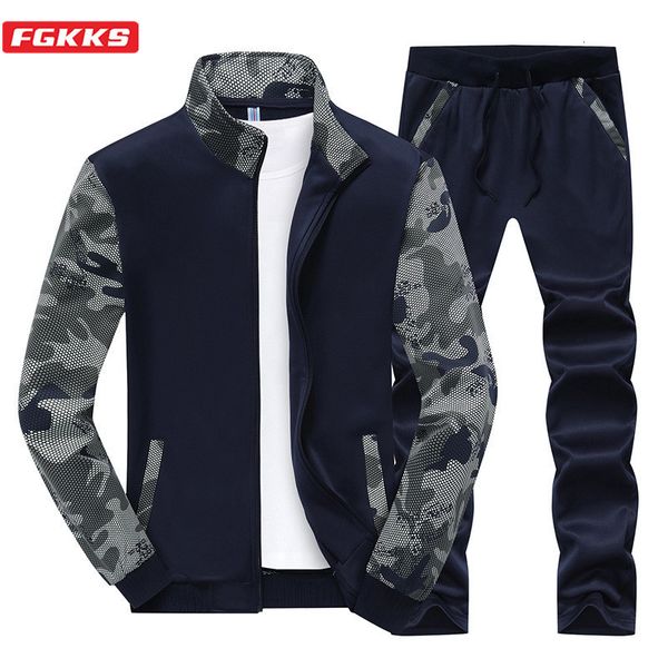 

men's tracksuits fgkks fashion brand men patchwork casual sets autumn men's jackets pants sportswear camouflage sports tracksuit s, Gray