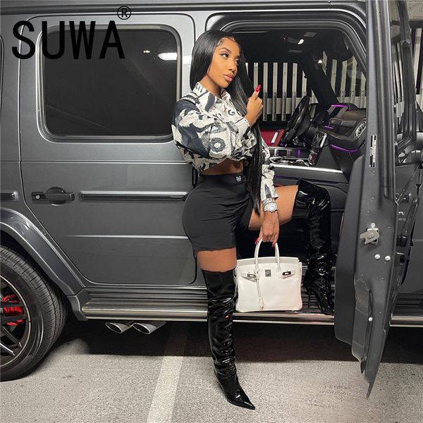 

women's two piece pants fashion lapel long sleeve printed shirt and high waist tight shorts summer street retro women suit 2-piece set, White