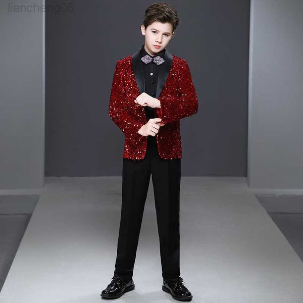

clothing sets boys spring autumn formal suit set child british piano show host catwalk party wedding come kids sequined blazer pants w0222, White