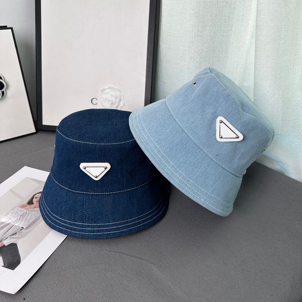 

women summer designer bucket hats denim solid triangle letter hat couple holiday travel bucket hat, Blue;gray