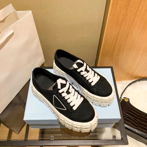 

with box prad women rubber platform casual shoes fashion motocross tires sole double wheel nylon gabardine sneakers canvas shoe logo tria rn, Black
