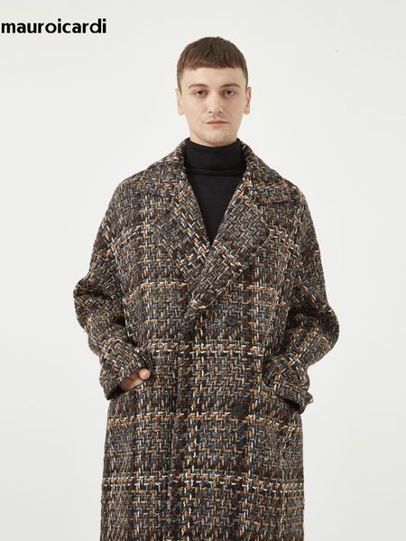 

men's wool blends mauroicardi autumn winter loose colorful stylish warm tweed woolen coat men double breasted cool luxury designer clot, Black