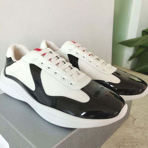 

with box prad americas cup high-sneakers shoes men casual walking rubber sole men's sports mesh fabric patent leather outdoor trainer z, Black