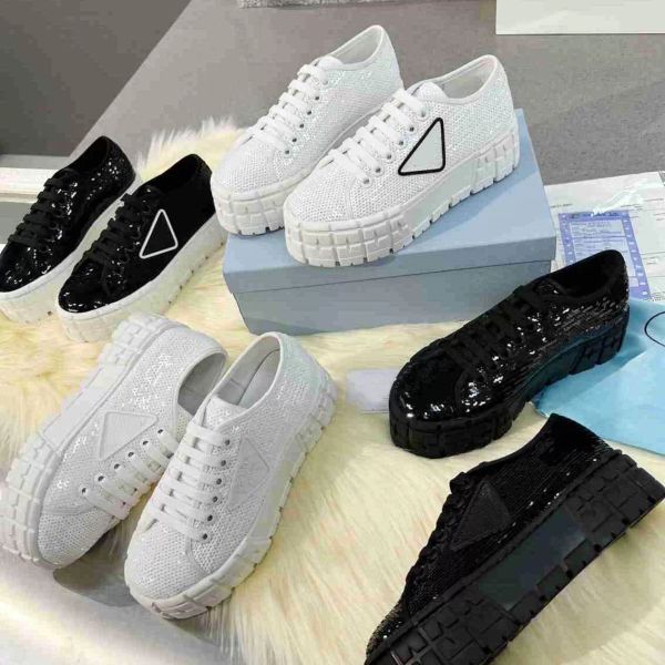 

with box prad designer sneakers double wheel casual shoes nylon gabardine shoe canvas platform trainers sequin solid canvas sneaker ju, Black