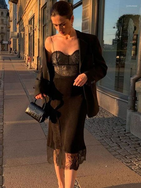 

black lace dress date night outfits for women spaghetti strap backless split midi dress french style, Black;gray