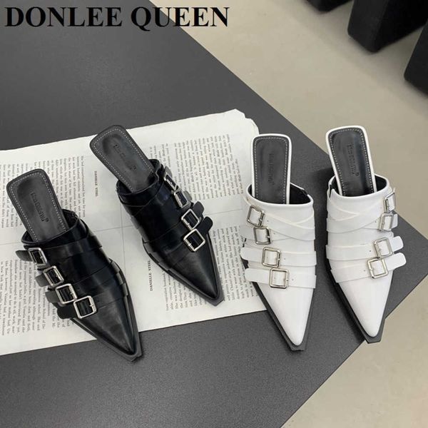 

fashion pointed toe mule shoes women slides outdoor slippers shallow slip on thin high heel belt buckle design pumps brand mujer 0220, Black