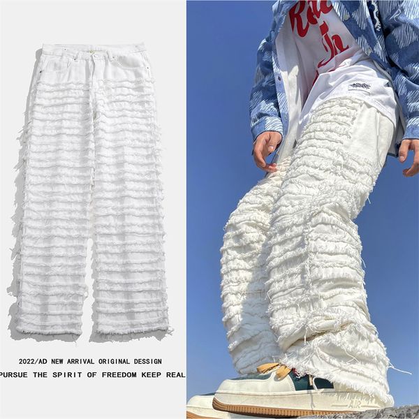 

men's jeans american street hip-hop heavy industry ripped men's jeans spring straight loose vibe style skateboard white flared pan, Blue