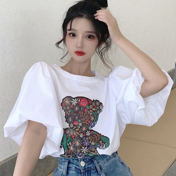 

women's tshirt o neck puff sleeve design shirt women summer 2023 fresh sweet cartoon bear print ops fashion elegant emperament shirts 2, White