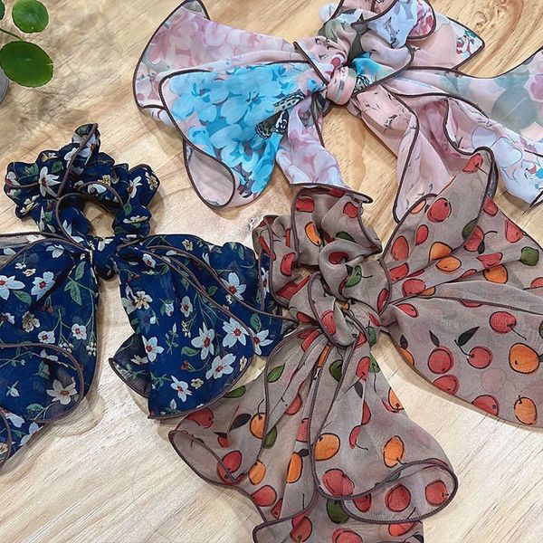 

hair clips barrettes 2022 summer new design fairy floral bowknot ribbon hair circle elastic scrunchies streamers horsetail rubber band for g, Golden;silver
